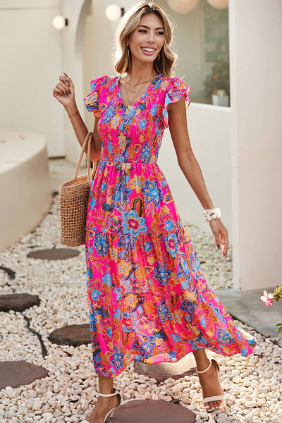 Floral V Neck Ruffle Tiered Long Dress 9015