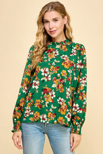 Green Floral Top with Mock Neck And Smocked Sleeves  T1455L4