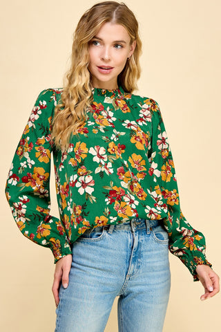 Green Floral Top with Mock Neck And Smocked Sleeves  T1455L4