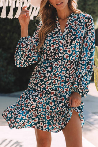 Blue Leopard Print Bubble Sleeve Ruffled Dress 7567