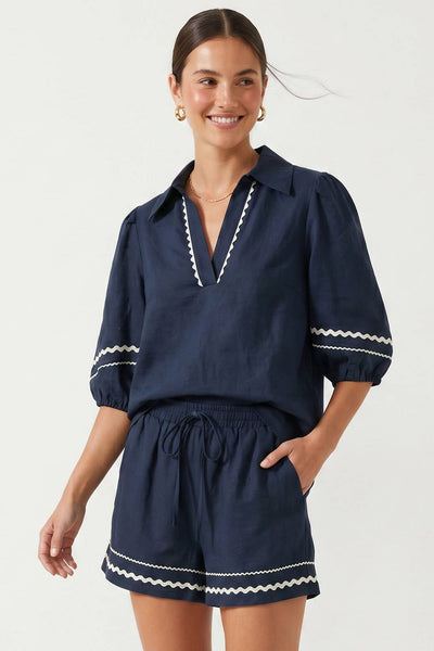 Contrast Trim Puff Sleeve Linen Blouse 9032