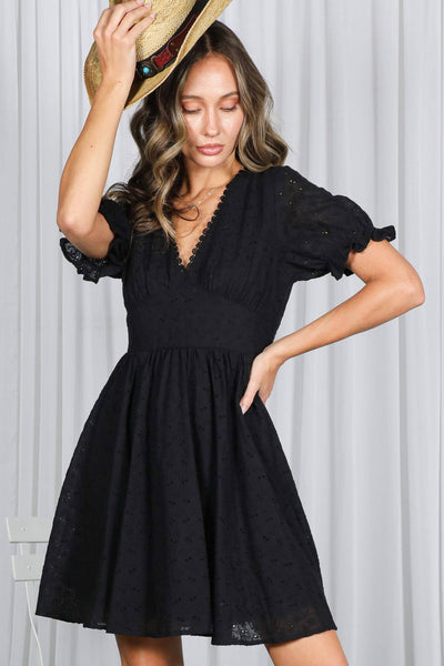 Floral Eyelet Lace 100%Cotton V-Neck Mini Dress 2901