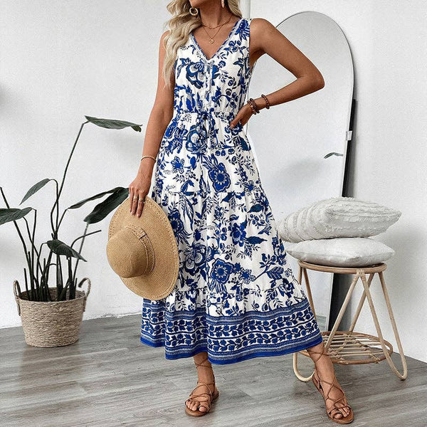 Blue Floral V Neck Sleeveless Maxi Dress 204