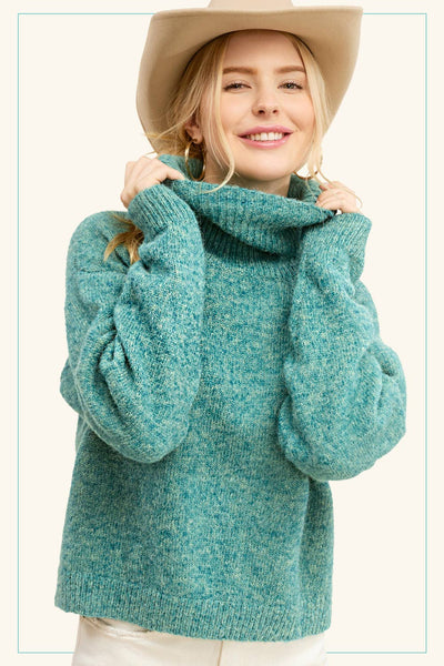 3567-Loose Fit Turtleneck Pin-tuck Long Sleeve Sweater