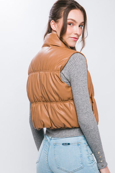 PU Faux Leather Puffer Vest With Pockets 095