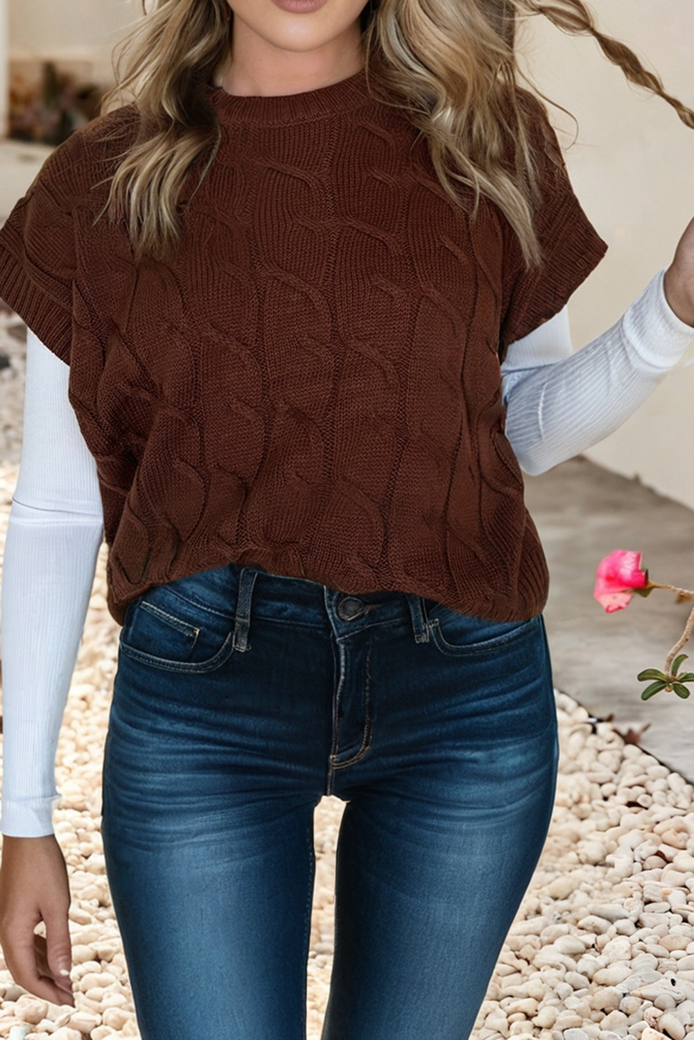 Cable Texture Crew Neck Short Sleeve Sweater 5017