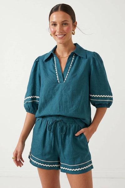 Contrast Trim Puff Sleeve Linen Blouse 9032