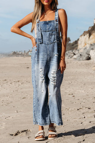 Distressed Bib Pocket Wide Leg Denim Overall 1404