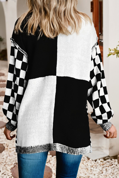 Checkered Open Front Drop Shoulder Cardigan 222