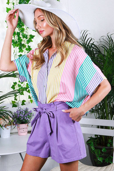 Collared Neck Short-Sleeve Multi-Striped Shirt Top 1625