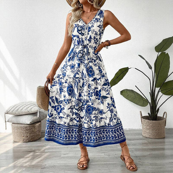Blue Floral V Neck Sleeveless Maxi Dress 204