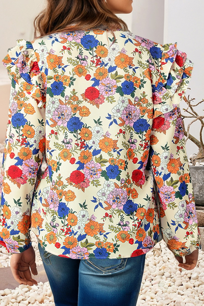 Ruffled Shoulder Long Sleeve Floral Blouse 1820