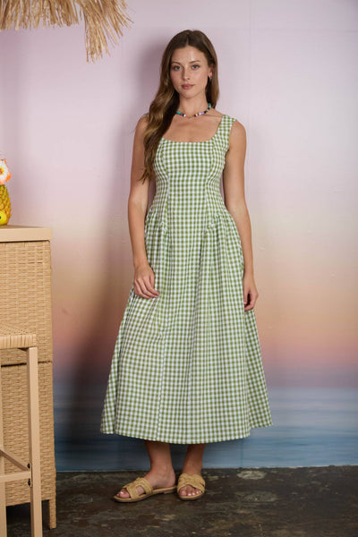 Plaid Basque Waist Midi Dress 1095