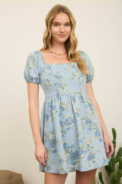 Floral Light Denim Puff Sleeve Mini Dress 1007