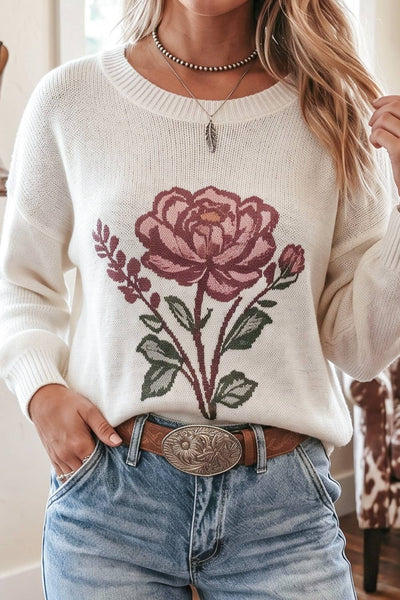 Floral Long Sleeve Loose Fit Pullover Knit Top 8725