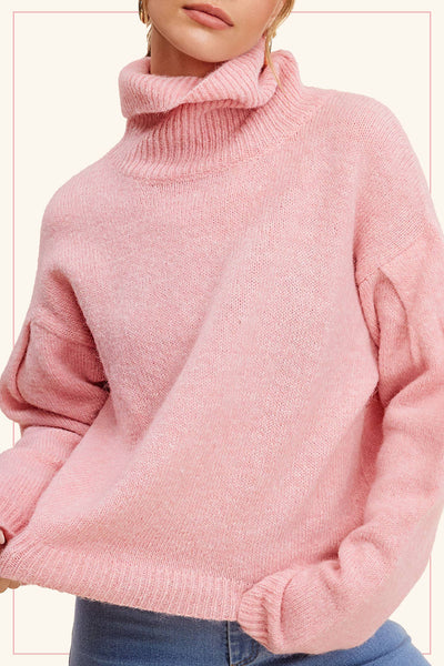 3567-Loose Fit Turtleneck Pin-tuck Long Sleeve Sweater