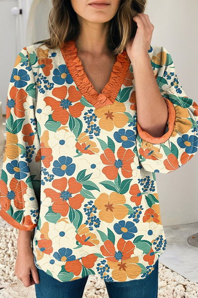 Frilled V Neck Floral Print Bracelet Sleeve Blouse 1420