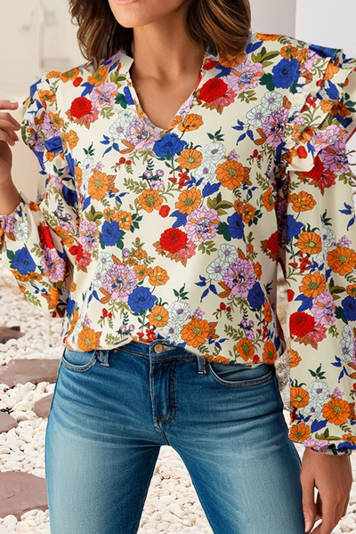 Ruffled Shoulder Long Sleeve Floral Blouse 1820