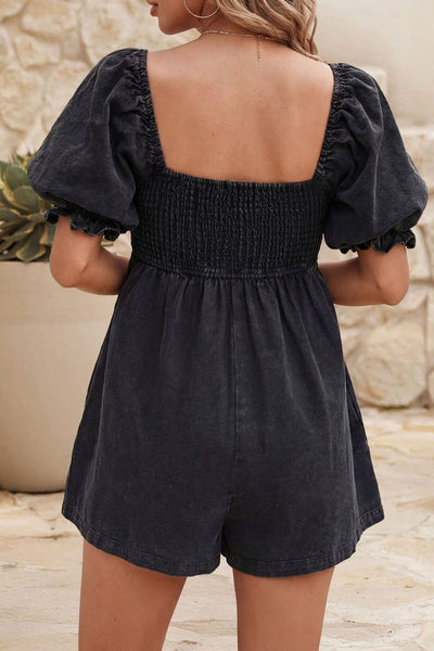 Square Neck Smocked Short Puff Sleeve Flared Romper 9386