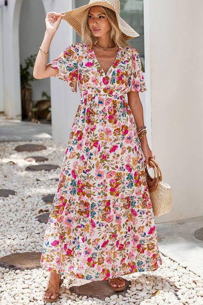 Floral Short Sleeve V Neck High Waist Maxi Dress 0320