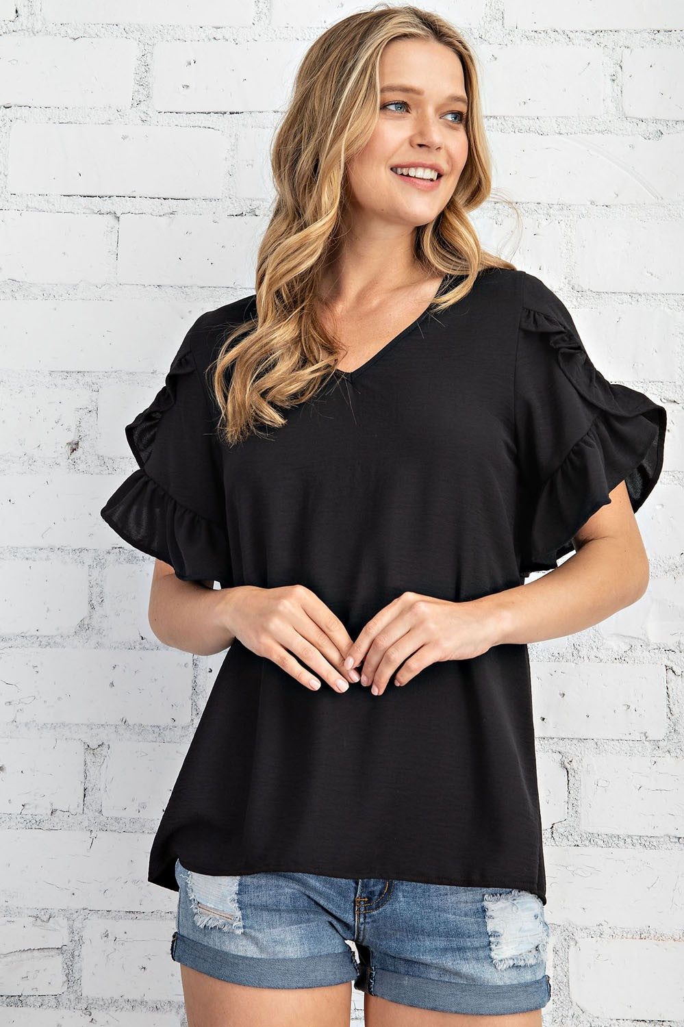 Ruffled Tulip Sleeve V Neck Top 2407