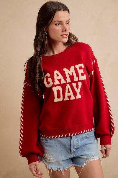 Gameday Contrast Stitch Long Sleeves Knit Top 5396