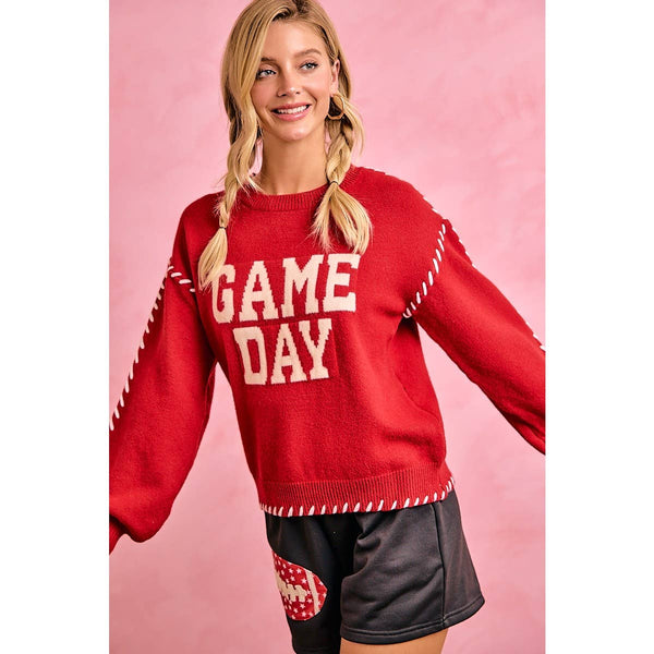 Gameday Contrast Stitch Long Sleeves Knit Top 5396