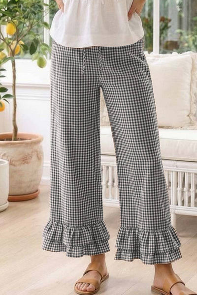Gingham Casual Ruffled Hem Cropped Pants 3379A