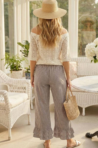 Gingham Casual Ruffled Hem Cropped Pants 3379A