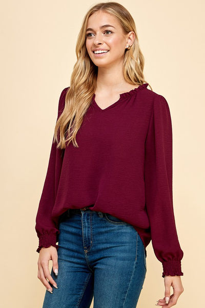 Solid Top with Ruffled V Neck Detail 1495