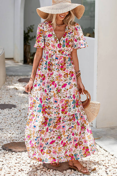 Floral Short Sleeve V Neck High Waist Maxi Dress 0320