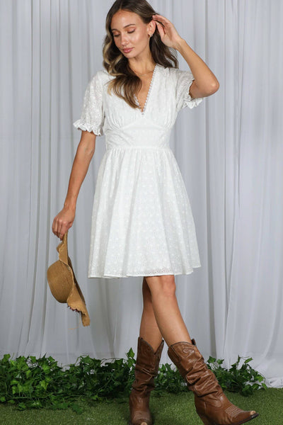 Floral Eyelet Lace 100%Cotton V-Neck Mini Dress 2901