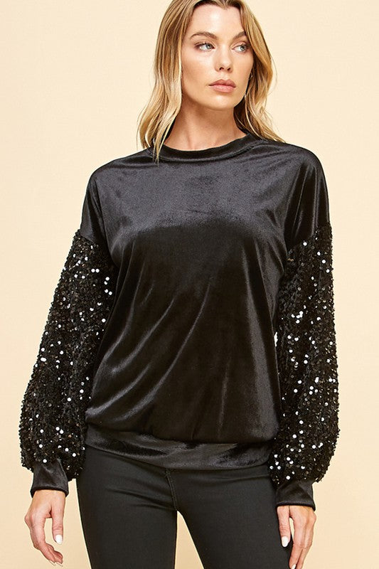 Velvet Sweatshirt with Sequin Sleeves 1532