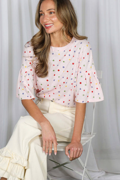 Colorful Polka Dot Short Ruffle Sleeve Knit Top 2765