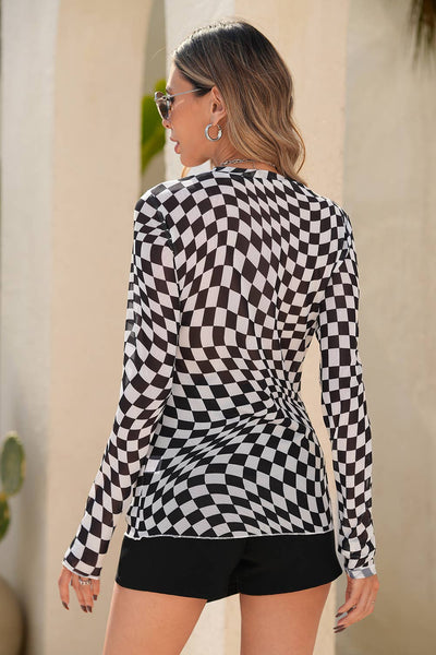 Checkered Pattern Mesh Mock Neck Long Sleeve Top 716