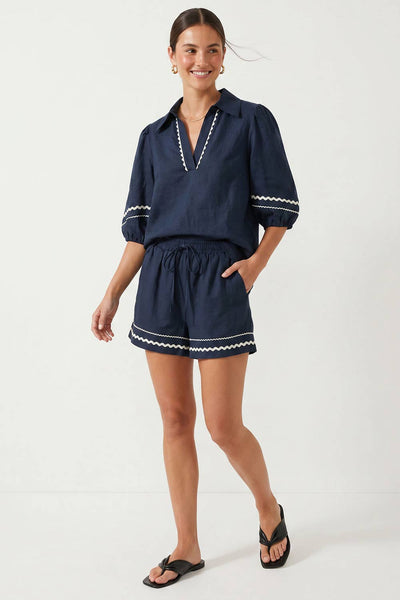 Contrast Trim Puff Sleeve Linen Blouse 9032