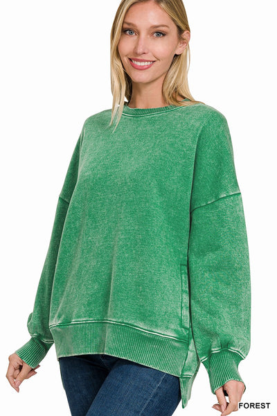 ACID WASH FLEECE HI-LOW HEM PULLOVER WITH POCKETS 4552