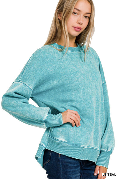 ACID WASH FLEECE HI-LOW HEM PULLOVER WITH POCKETS 4552