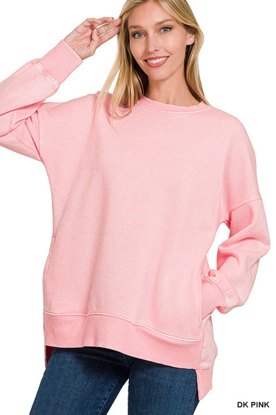 ACID WASH FLEECE HI-LOW HEM PULLOVER WITH POCKETS 4552