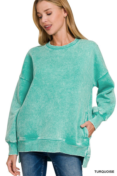 ACID WASH FLEECE HI-LOW HEM PULLOVER WITH POCKETS 4552