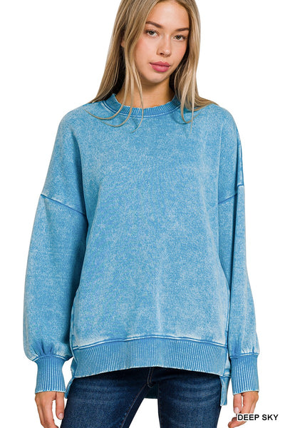 ACID WASH FLEECE HI-LOW HEM PULLOVER WITH POCKETS 4552