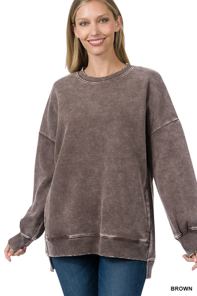 ACID WASH FLEECE HI-LOW HEM PULLOVER WITH POCKETS 4552