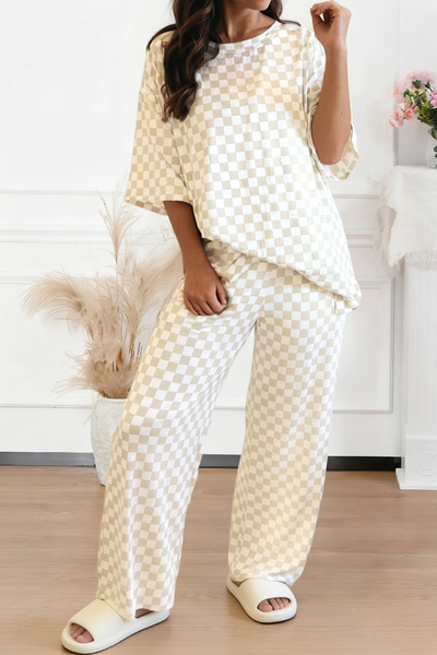 Checkered Print Half Sleeve Tee Set 1960