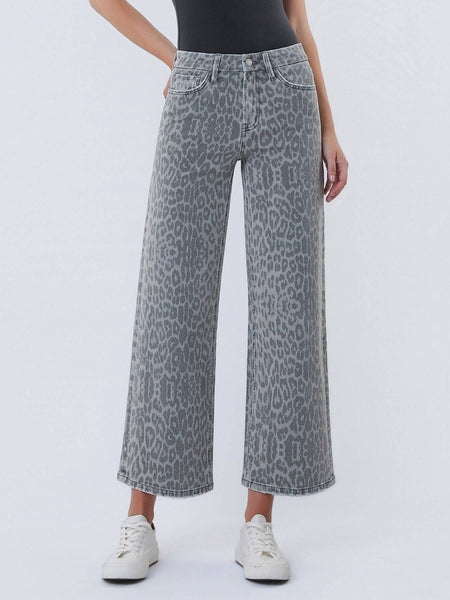 HIGH RISE GREY LEOPARD PRINT CROP WIDE LEG JEANS 331