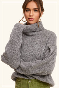 3567-Loose Fit Turtleneck Pin-tuck Long Sleeve Sweater