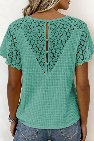 V Neck Textured Knit Floral Lace Short Sleeve Top 1409