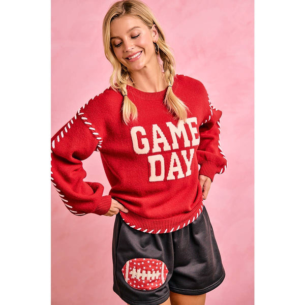 Gameday Contrast Stitch Long Sleeves Knit Top 5396
