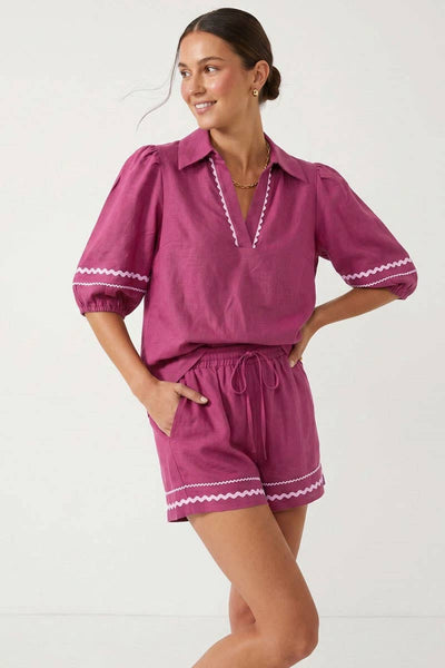 Contrast Trim Puff Sleeve Linen Blouse 9032
