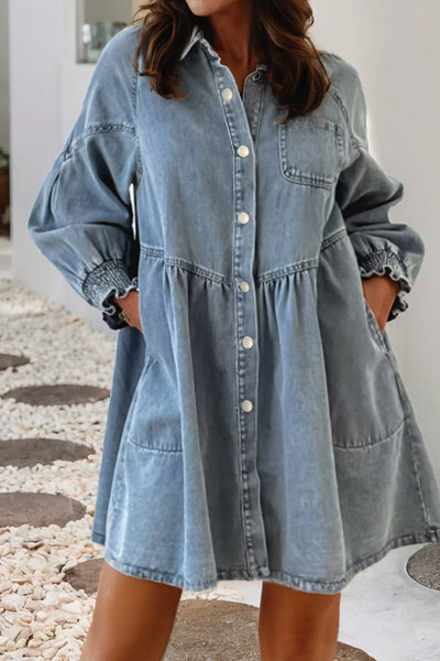 Smocked Cuffs Flared Denim Shirt Mini Dress 804