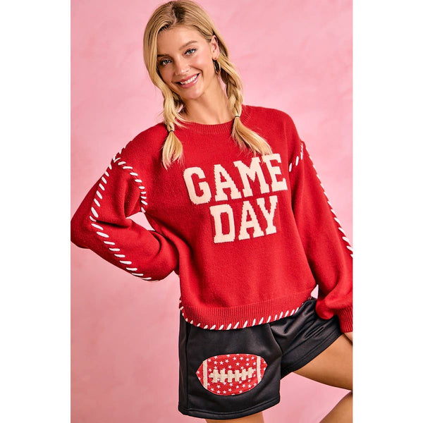 Gameday Contrast Stitch Long Sleeves Knit Top 5396
